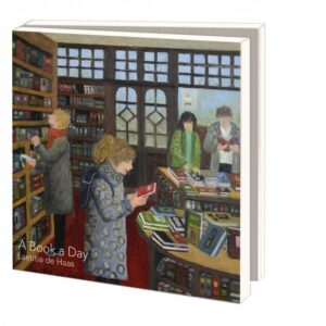 Kaartenmapje met op de voorkant een lezende vrouw in een boekenwinkel