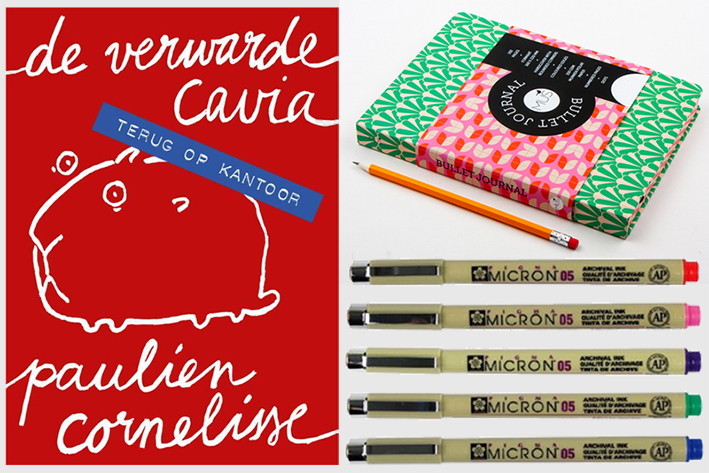 foto's van fineliners, een bulletjournal en het boek de verwarde cavia